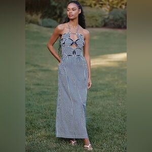 Hibiscus Cutwork Cotton Midi Dress - Blue Pattern xxs